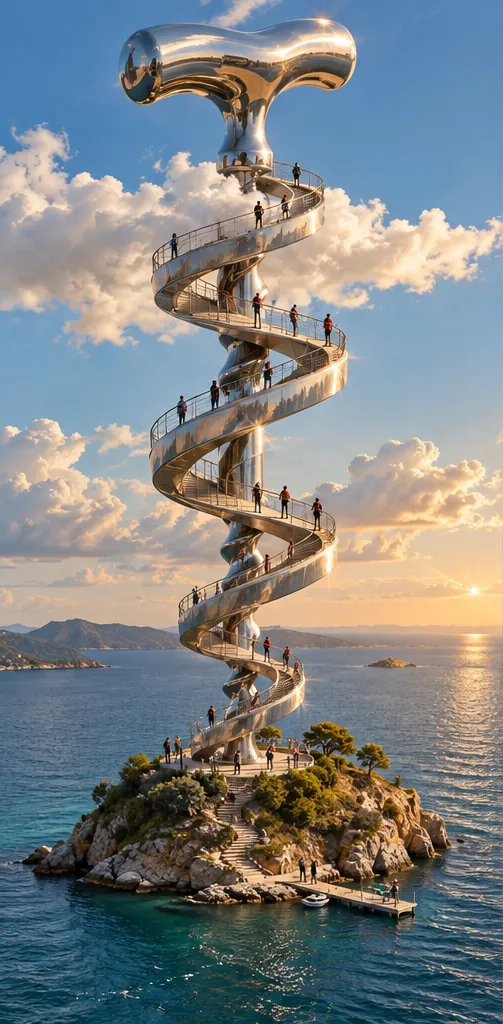 A giant corkscrew rises from a rocky island as a spiral walkway into the clouds, with visitors on every turn.