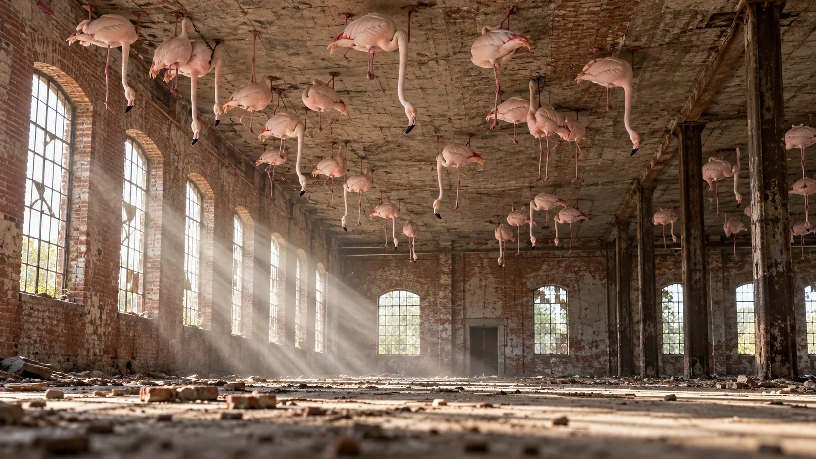 In a derelict brick factory full of sunbeams, a flock of flamingos stands upside down on the ceiling. The floor is for other birds.