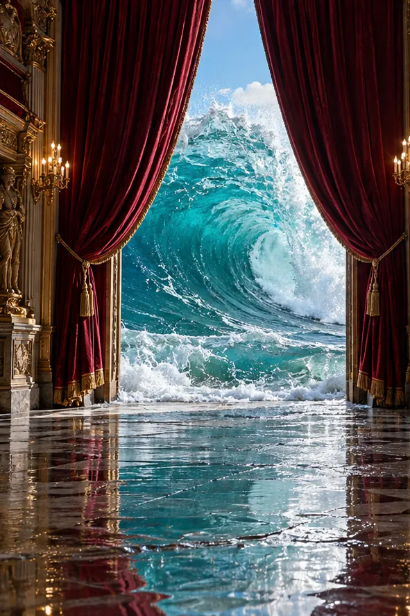 Red theatre curtains part on a breaking wave, and the sea spills across the polished stage floor.