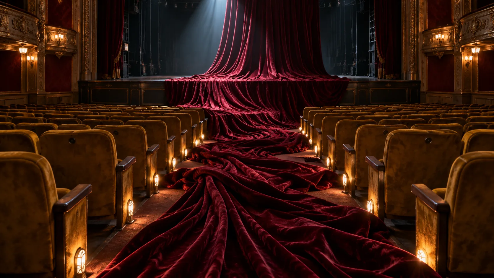 Red velvet pours off an empty stage like a waterfall and floods down the aisle between rows of gold seats lit by little lamps. No refunds.