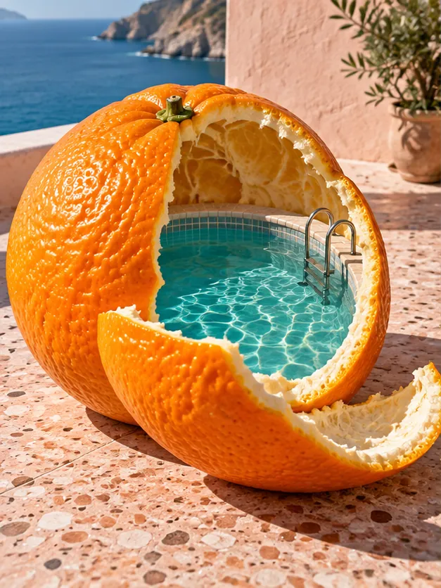 A swimming pool in half an orange, ladder and all, on a terrace above the sea. Peel before swimming.