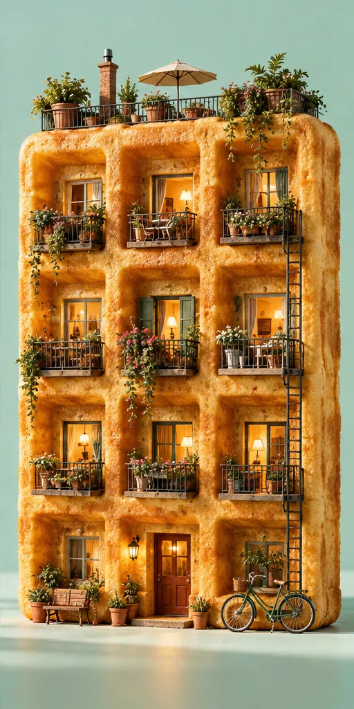 An apartment block built from a stacked waffle, with balconies, plants, a rooftop terrace and a bicycle by the door.