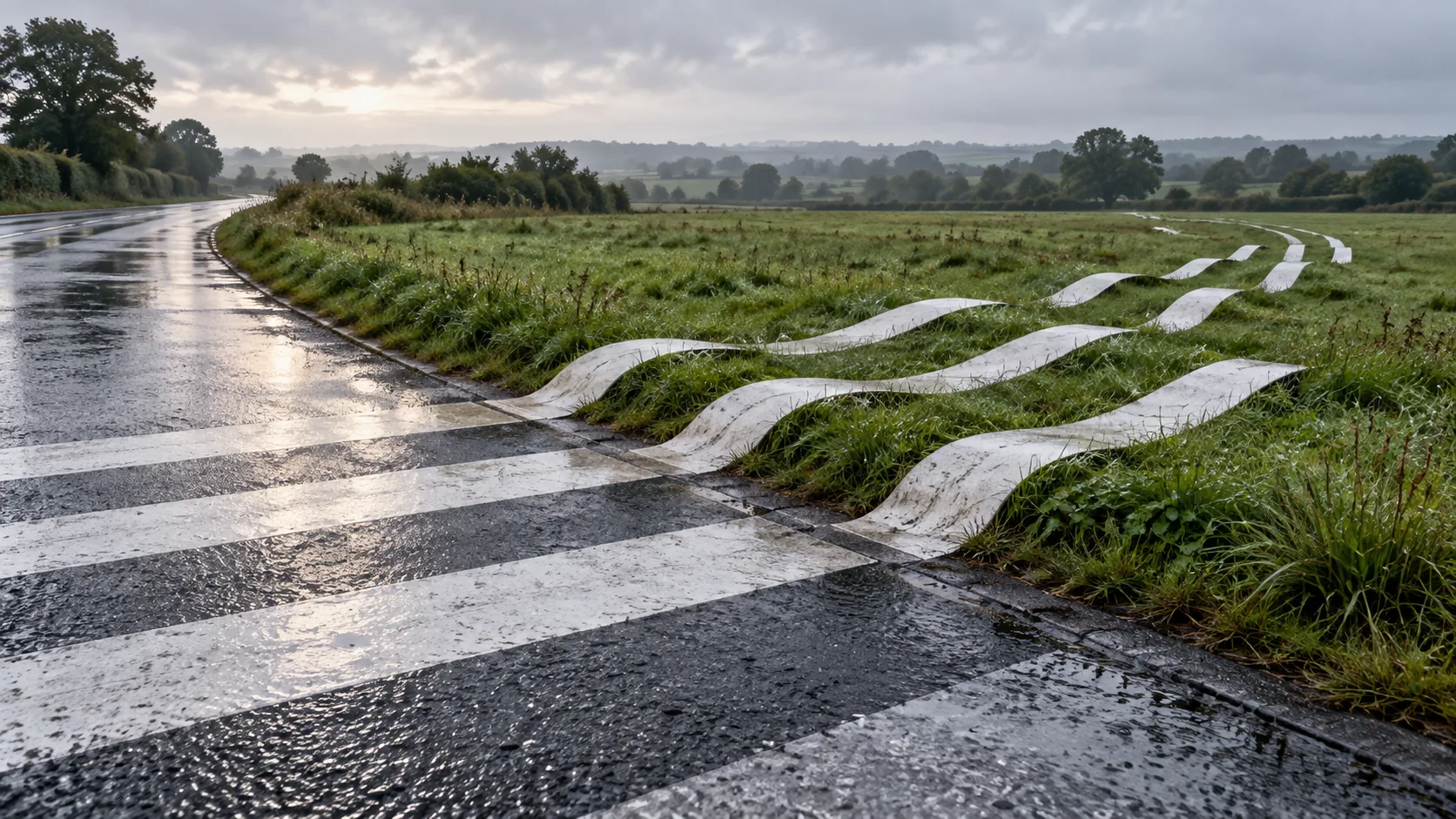 On a wet country road the white zebra-crossing stripes peel away from the tarmac and ripple off across a green field toward the trees. Pedestrians may have to follow them.
