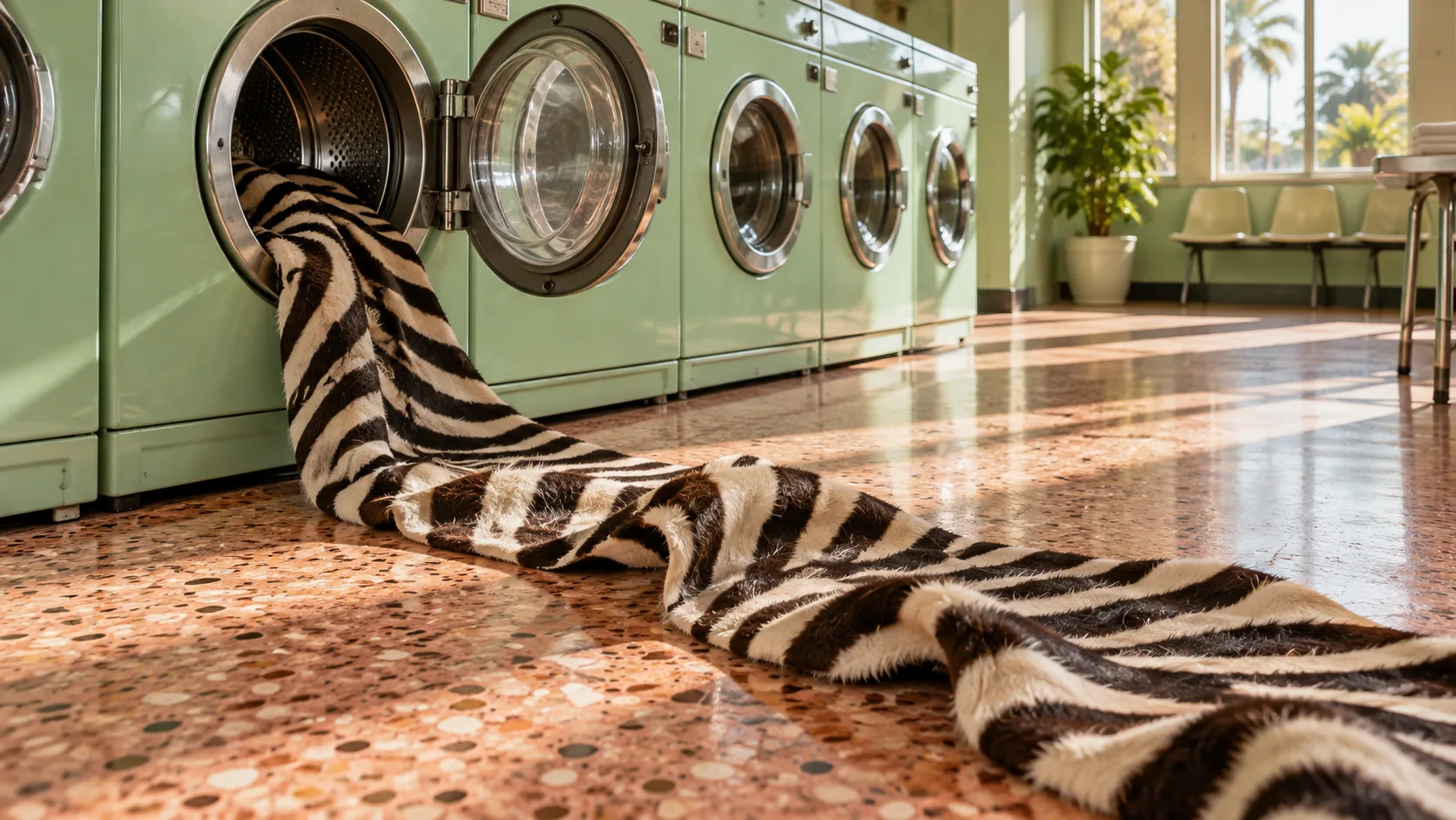 A long length of zebra hide spills out of a mint-green washing machine across a terrazzo laundrette floor. The stripes held their colour.