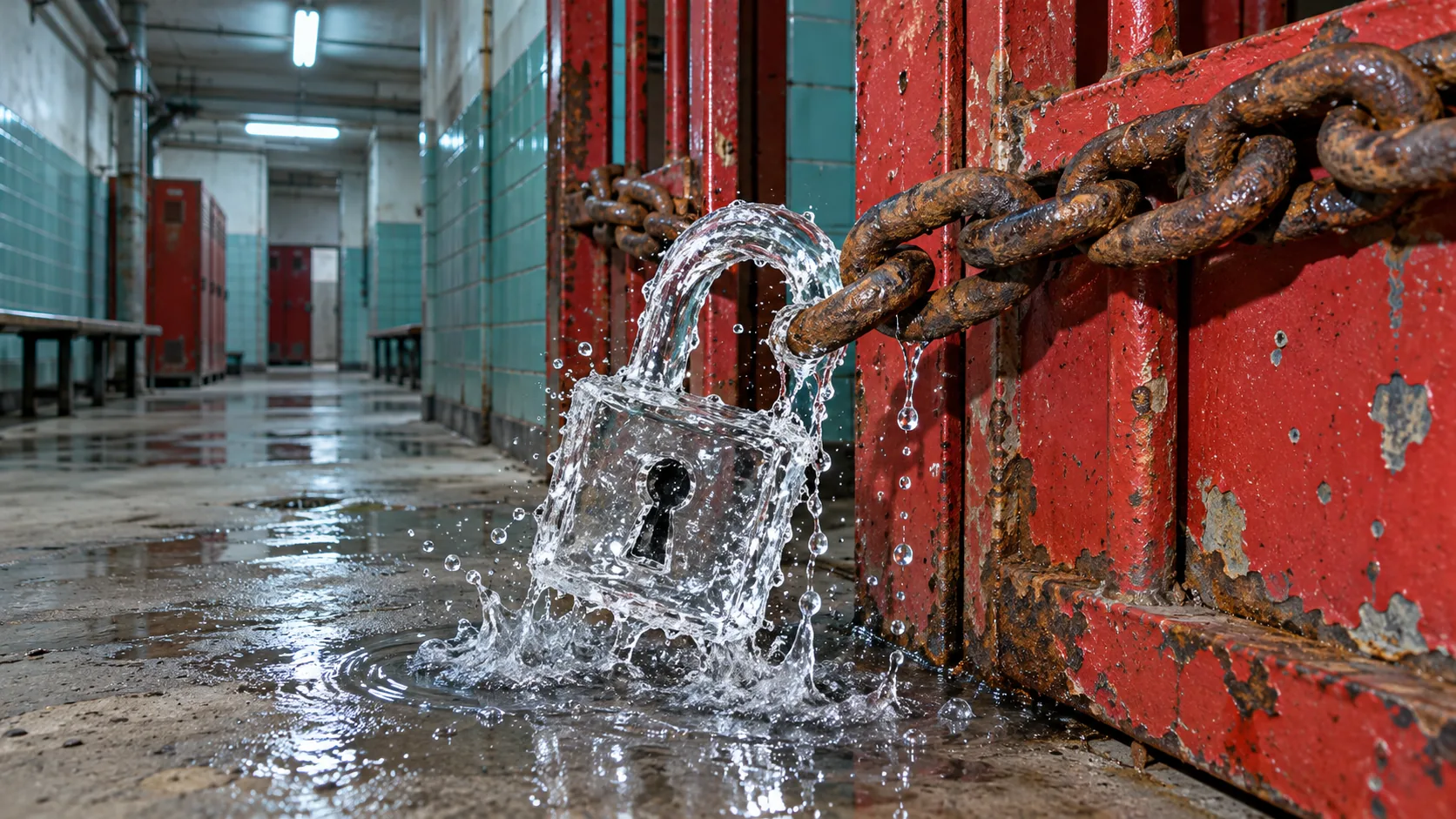In a tiled locker-room corridor, a padlock made of clear running water holds a heavy rusted chain on a red door, splashing onto the wet floor. It is secure until somebody tries it.