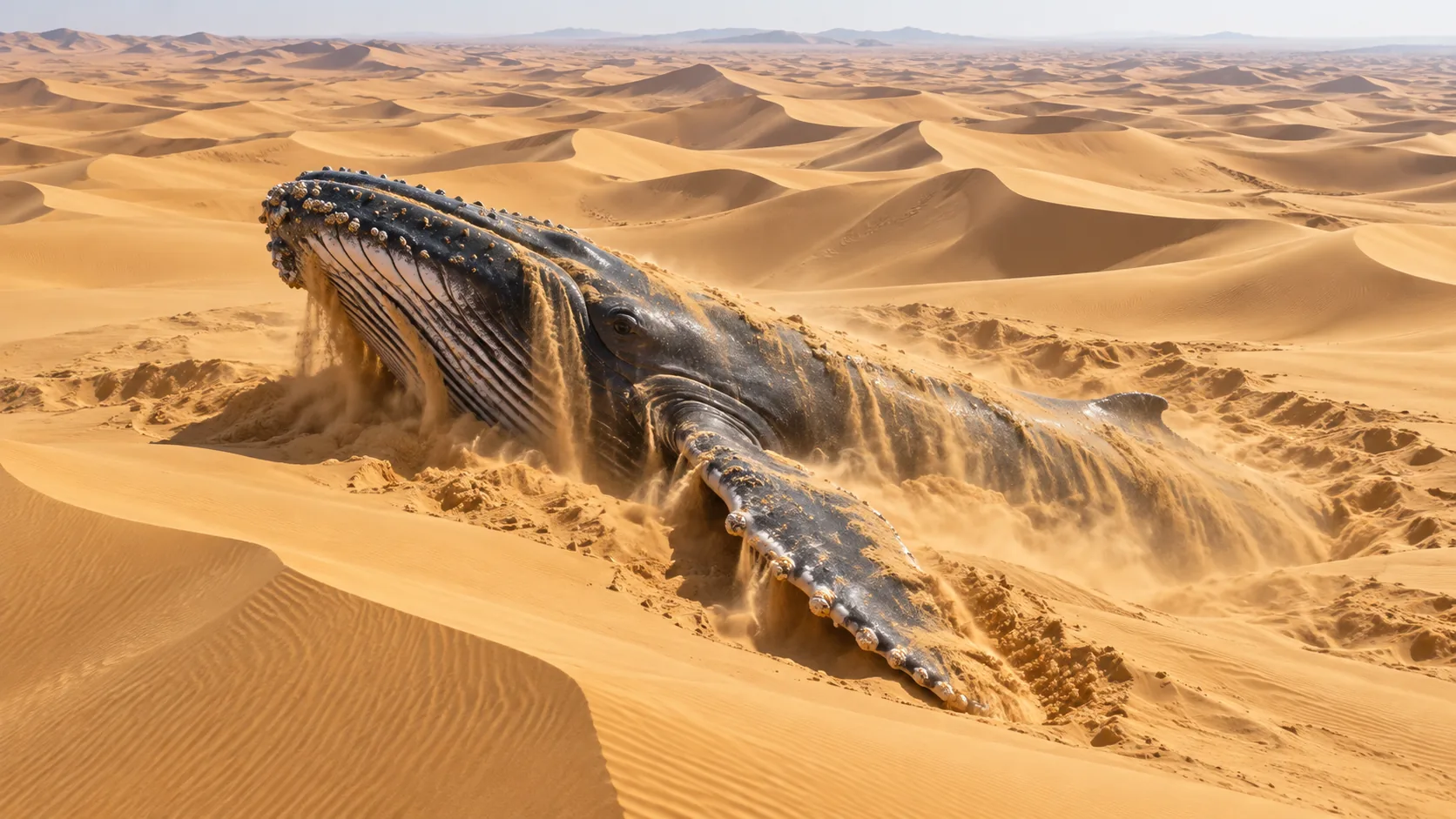 A humpback whale bursts up out of a sea of golden desert dunes, sand pouring off its back like water. It will be a long way from anything to eat.