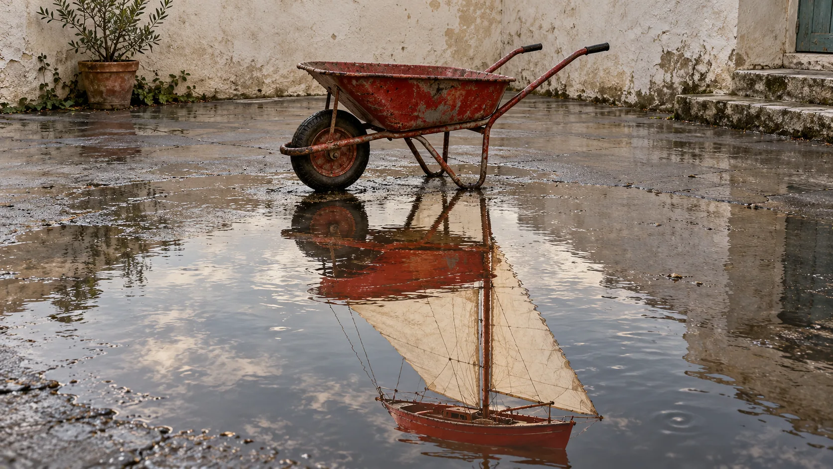 A rusty red wheelbarrow stands in a courtyard puddle, and its reflection is a small sailing boat under full canvas. It has been thinking about this for a while.