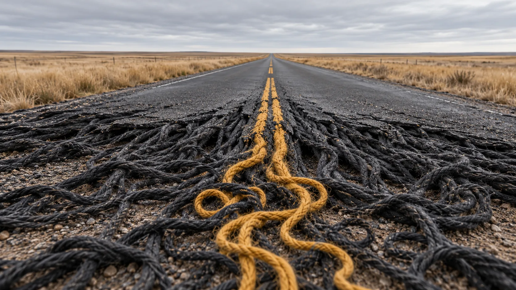 A straight road across dry grassland comes apart in the foreground into loose black yarn, its yellow centre lines unravelling into mustard wool. Knit one, drive two.