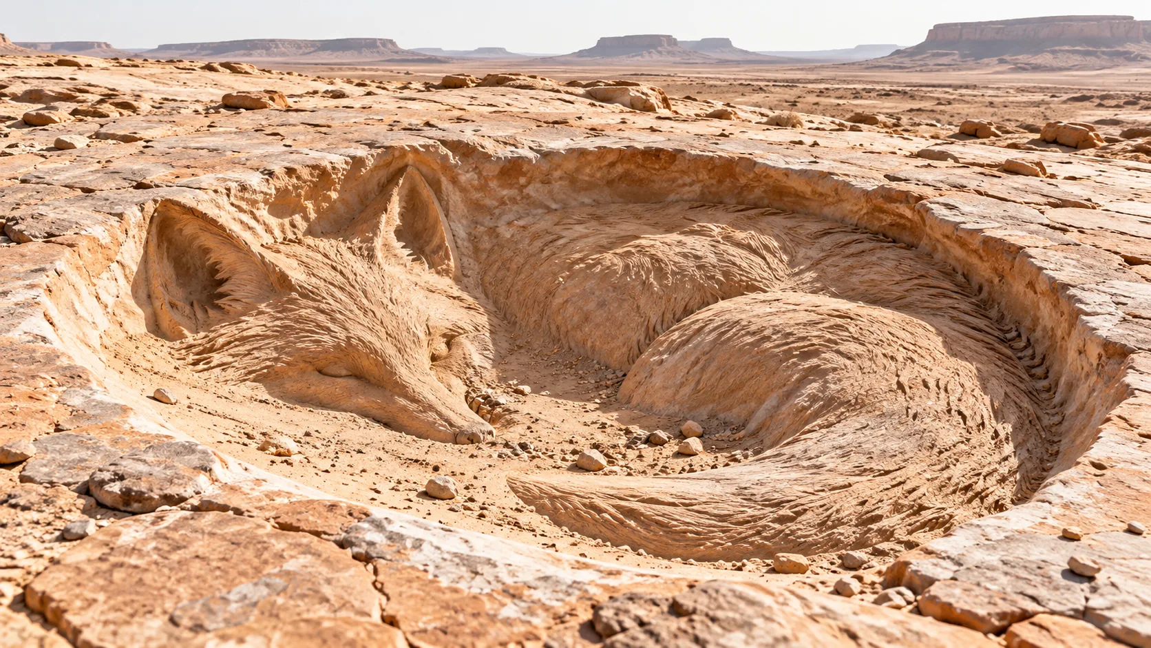 In cracked desert rock, a hollow holds the perfect imprint of a curled-up sleeping fox, ears, tail and fur all pressed into stone. The fox is gone and the rock remembers.