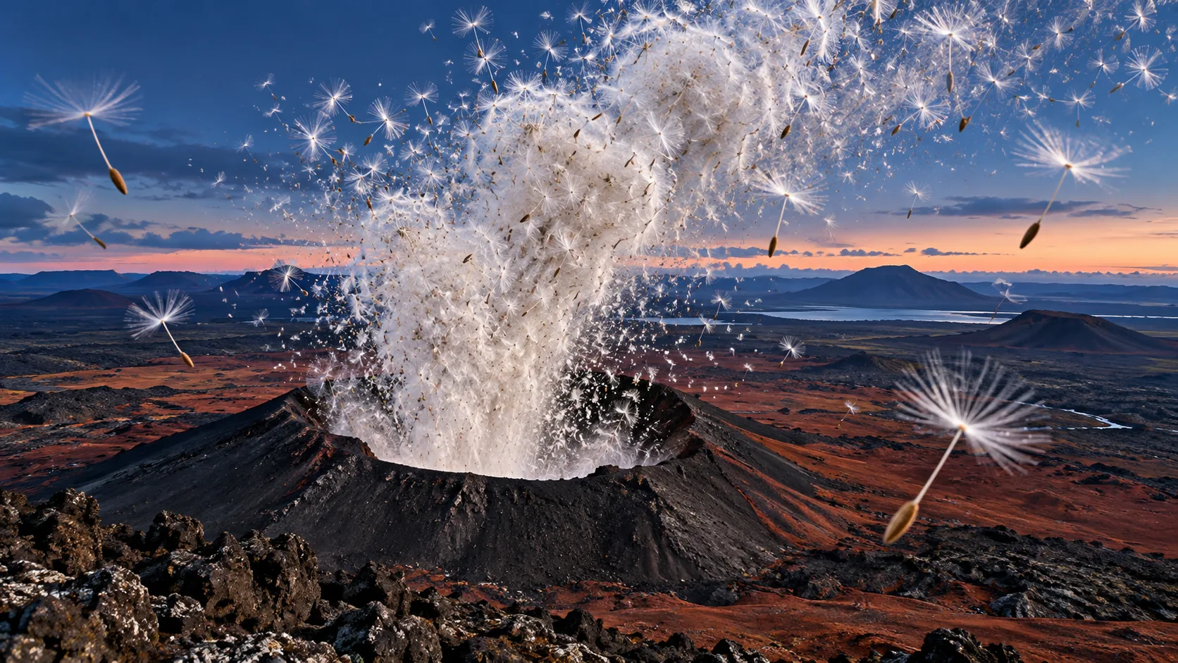 Across a dark volcanic landscape at dusk, a crater blows out a huge white plume of dandelion seeds instead of ash, drifting off on the wind. The evacuation is optional.