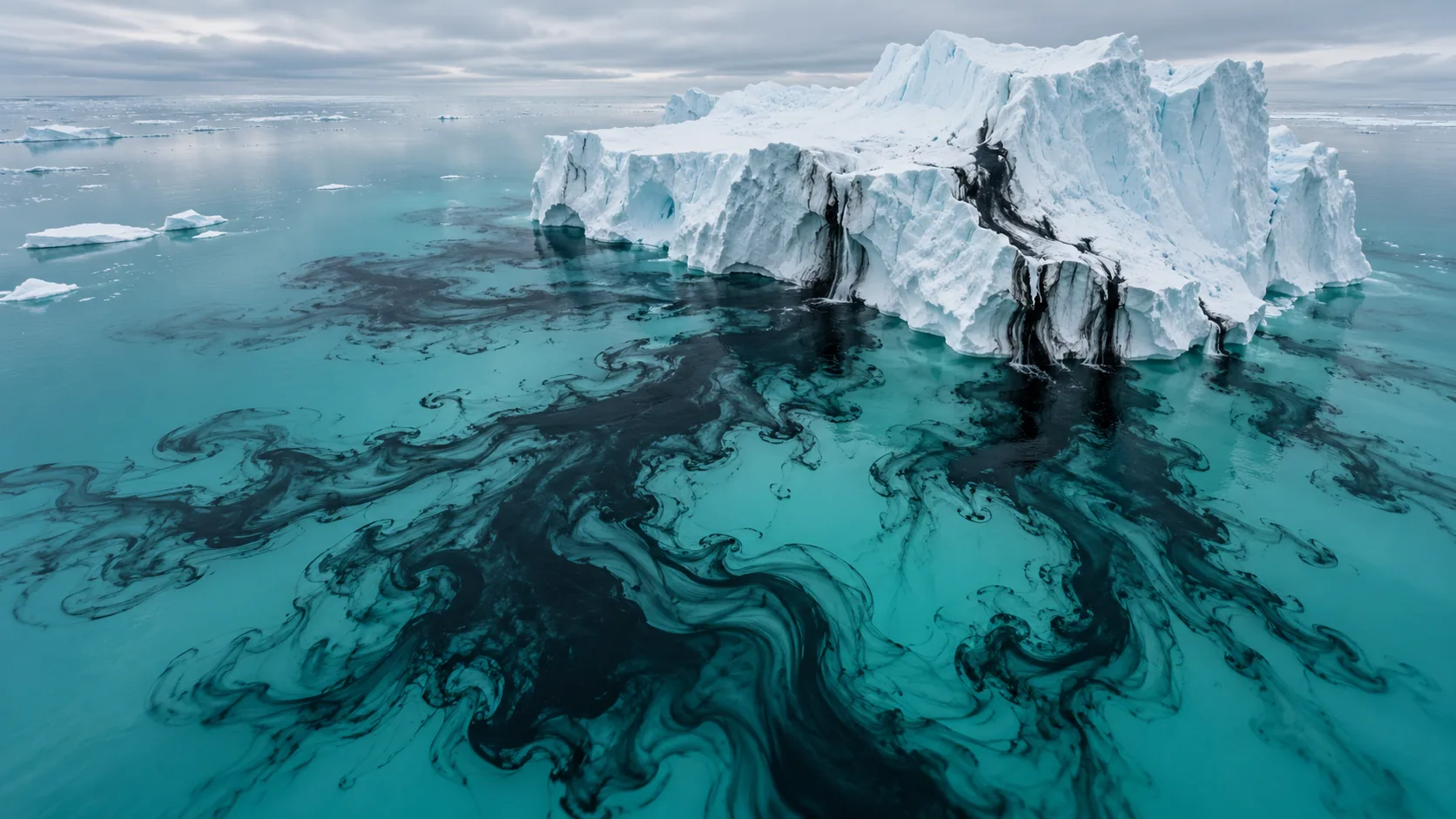 A white iceberg sits in clear turquoise water, and black ink runs out of the cracks in it and swirls through the sea. It was writing something.