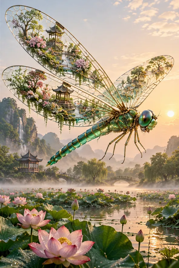 A dragonfly glides over a lotus pond with gardens and pagodas growing on its glass wings.