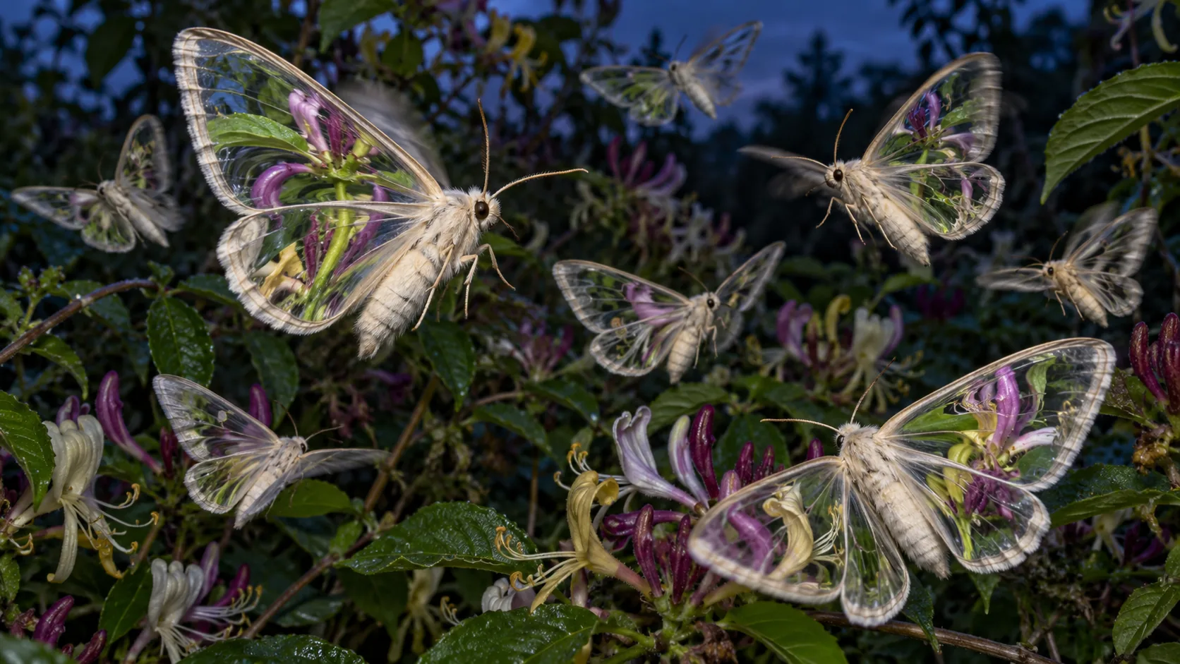 At dusk in a honeysuckle hedge, pale moths fly on wings of clear glass that bend and magnify the flowers behind them. They are very hard to swat.