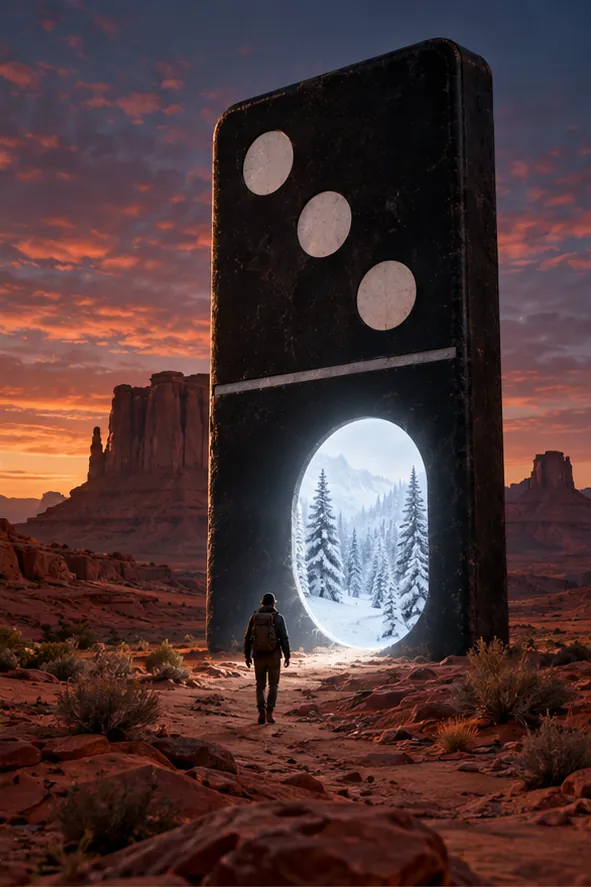 A giant domino stands in a red desert canyon with a doorway cut through it onto a snowy pine forest. A hiker walks toward the cold.