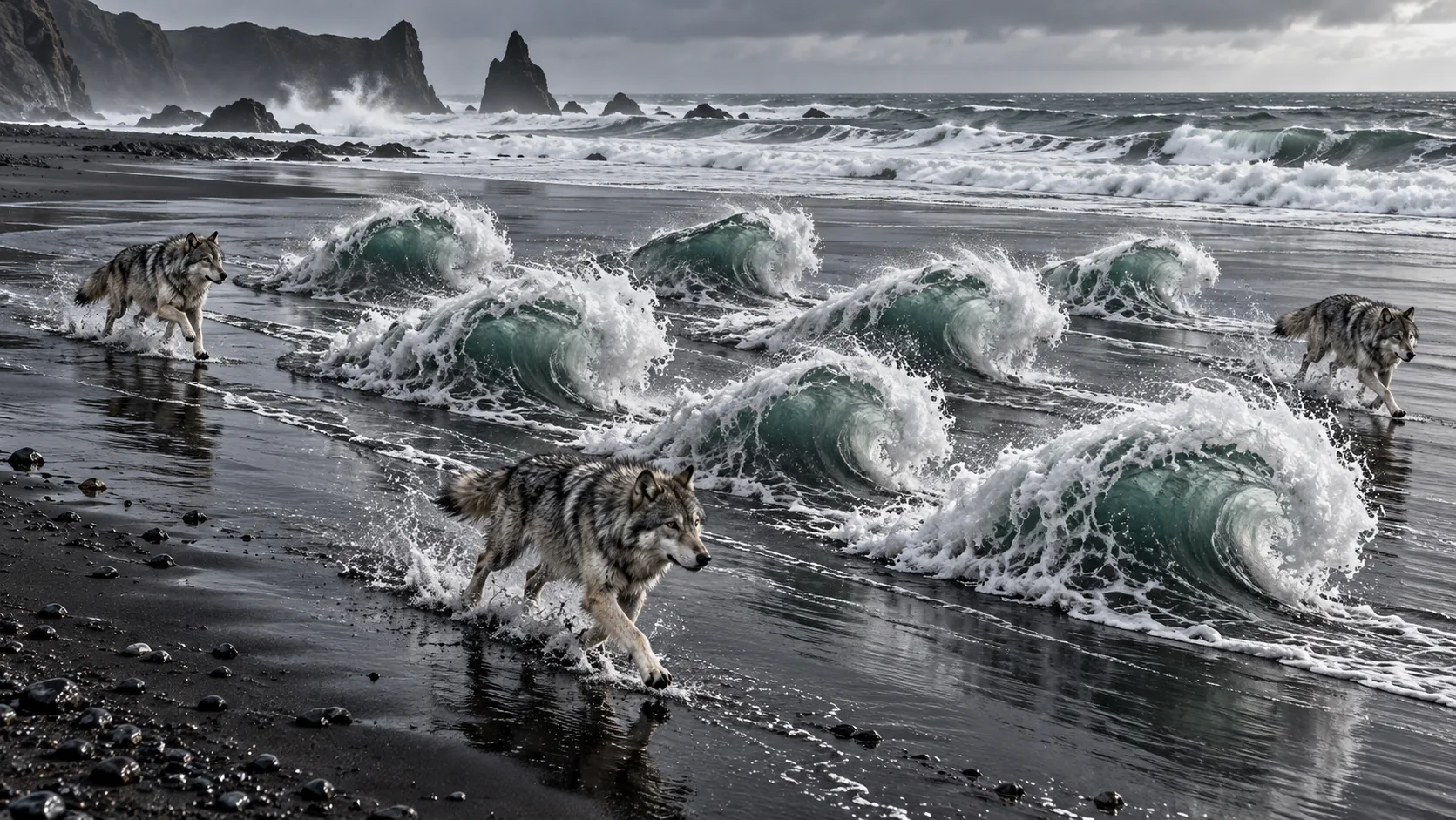 On a black-sand beach, grey wolves round up a group of small breaking waves like sheep, driving them along the shore. A few have strayed back to sea.