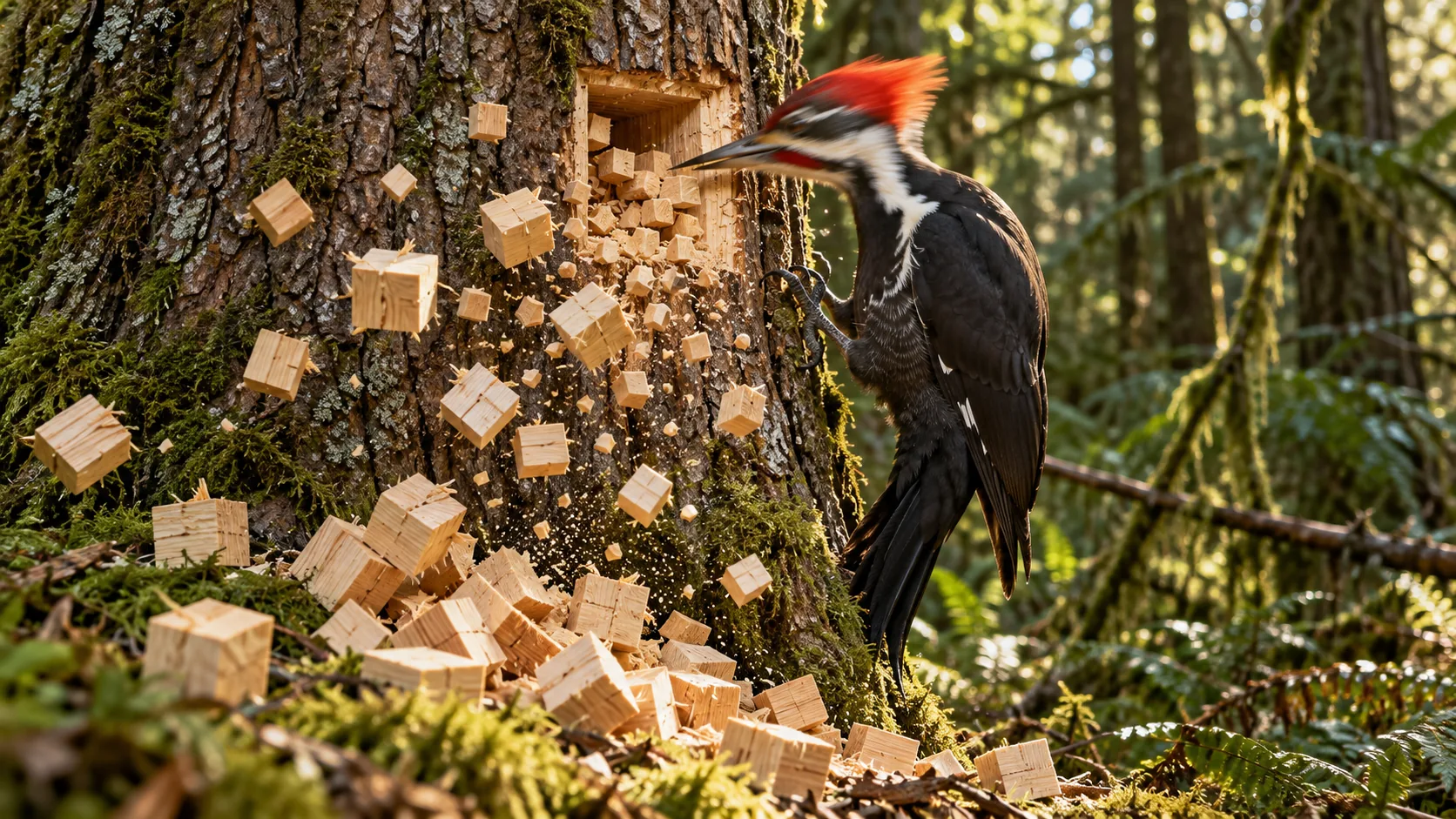 A red-crested woodpecker hammers into a mossy tree trunk, and the wood flies out as a shower of neat, square-cut wooden cubes. It has been practising.