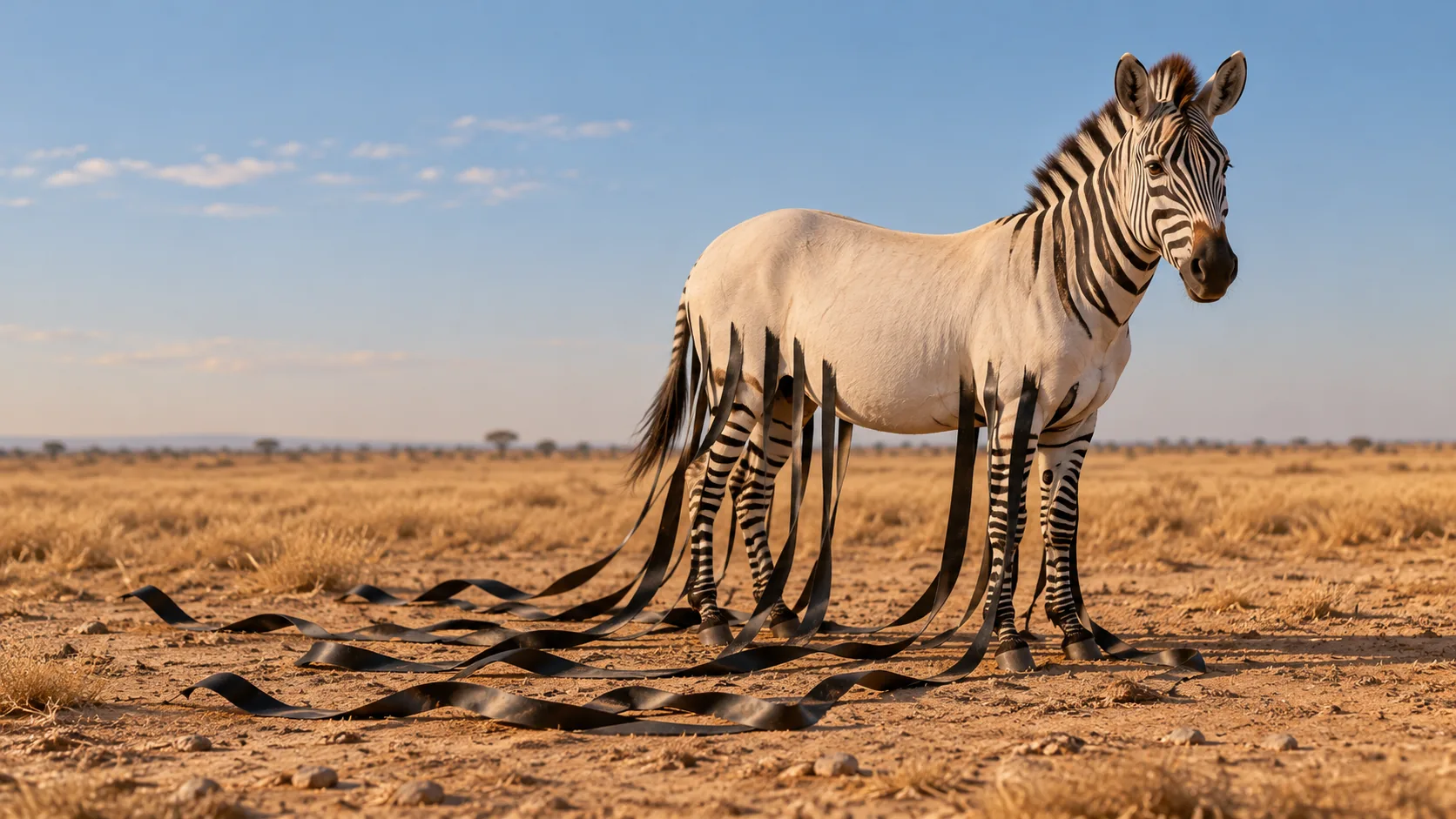 A zebra stands on dry grassland as its stripes slide down its legs and pool on the ground like ribbons. Underneath, it was white all along.