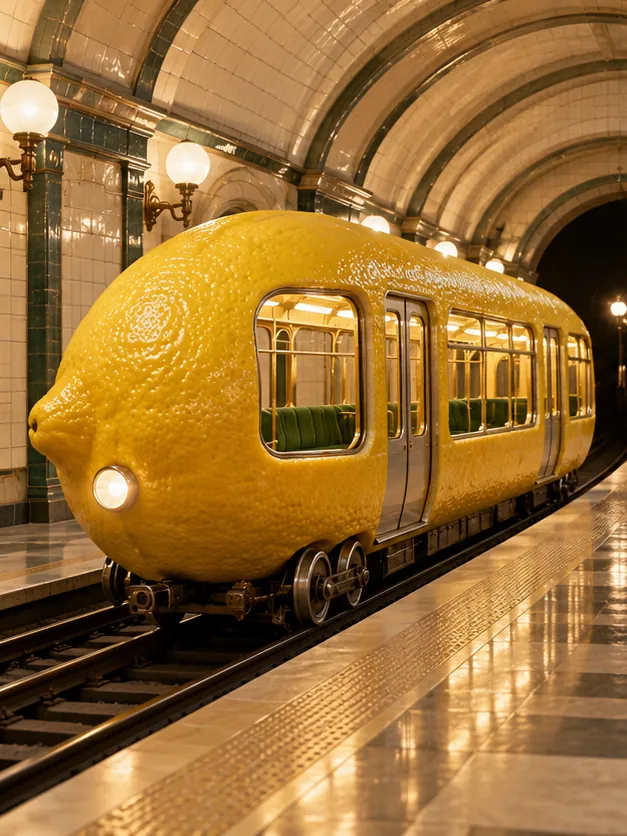 A lemon pulls into a tiled underground station as a train, windows lit and doors ready. Expect a sharp departure.